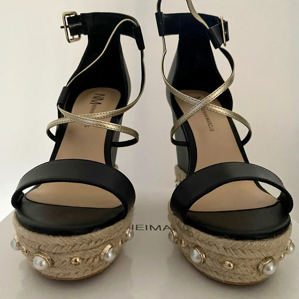 Neiman Marcus Luxy Pearls Wedges Sandals  Black/ Gold